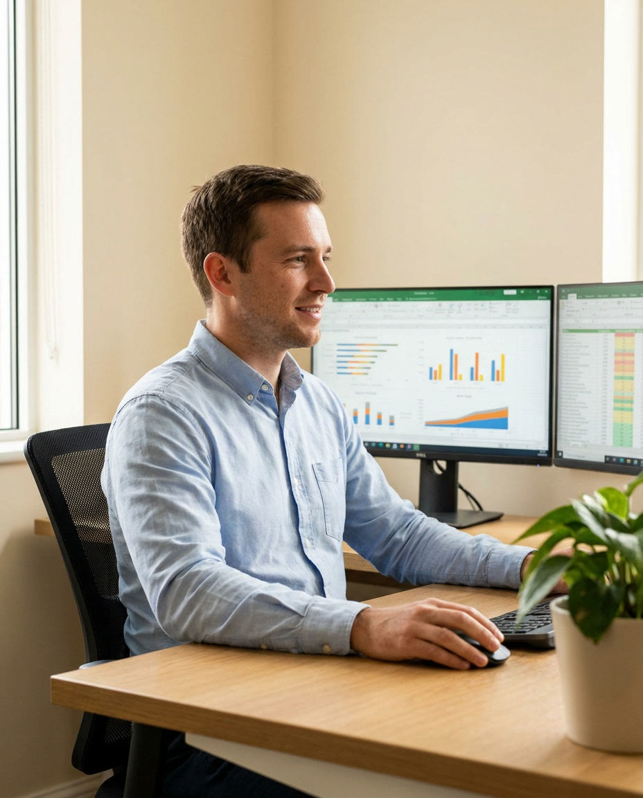 Advisor building a cash-flow forecast on two monitors