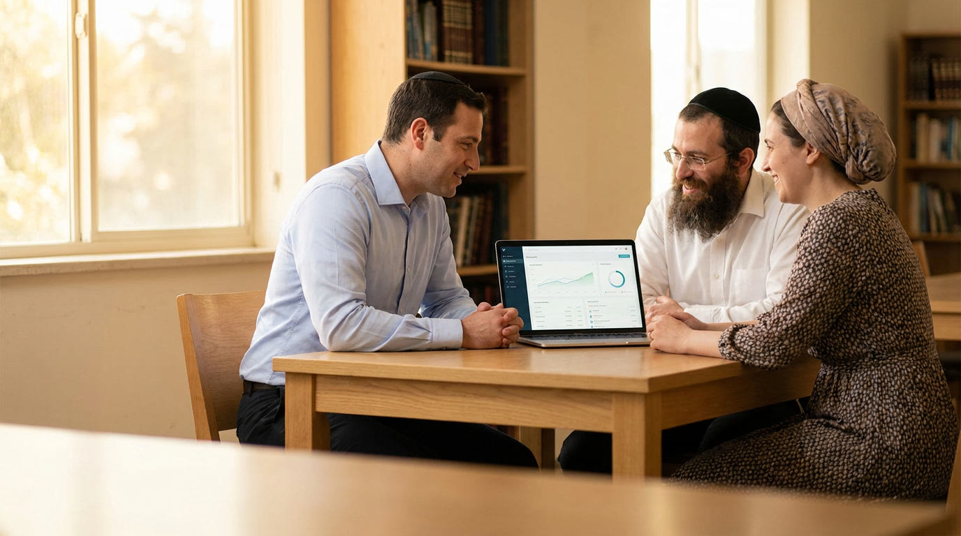 An advisor and a shliach couple reviewing finances together on a laptop