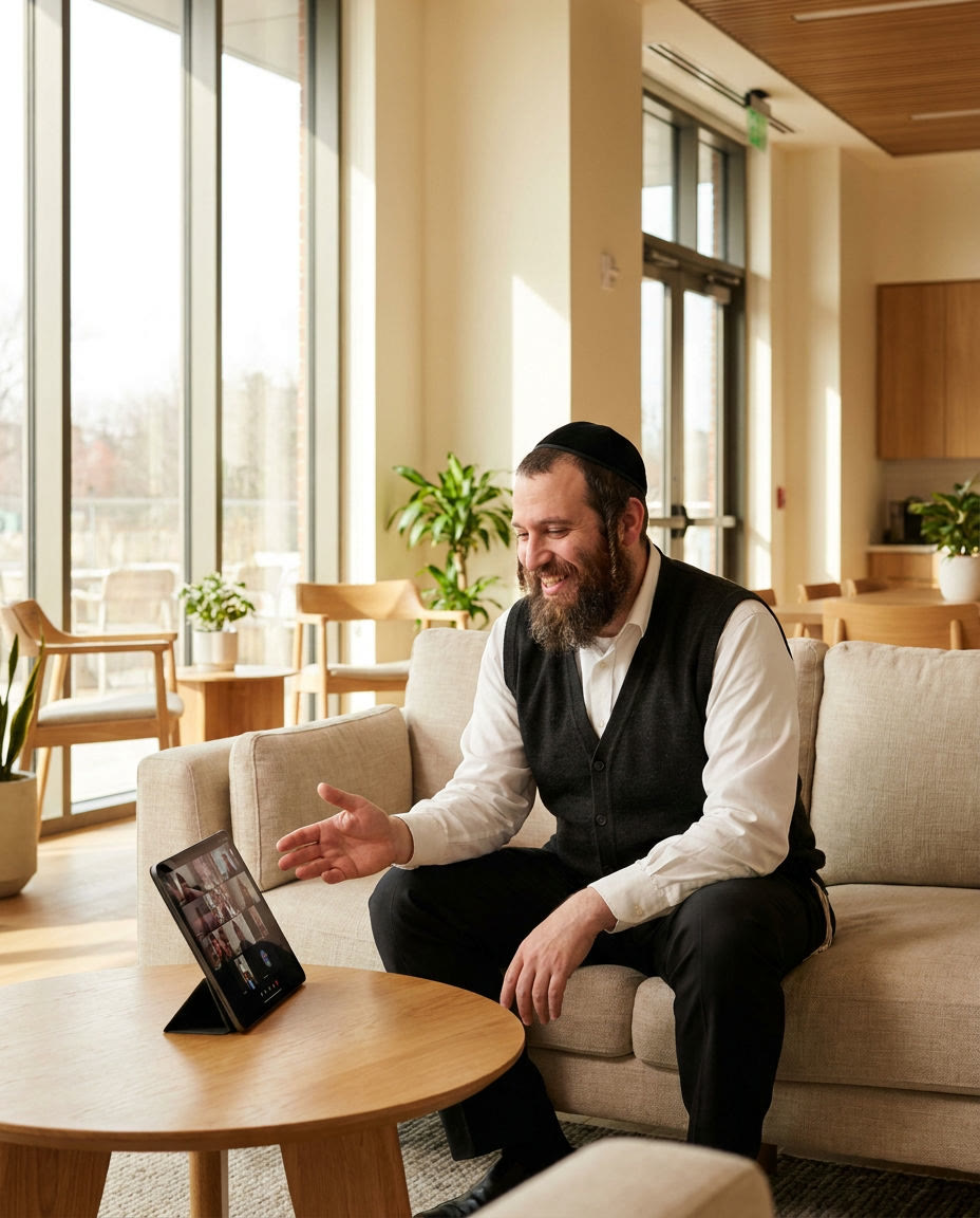 A shliach smiling during a video call from his Chabad House